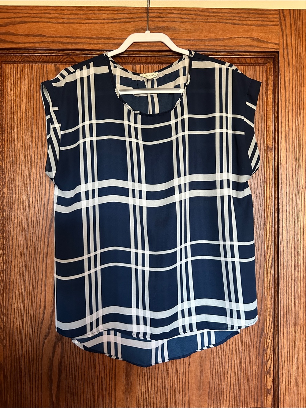 Navy Plaid Cap-Sleeve Blouse